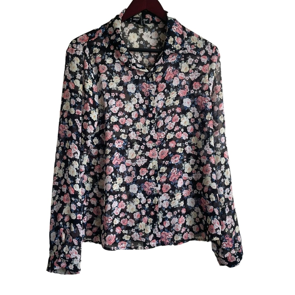 About A Girl Top Women 4 Navy Floral Long Sleeve Button Up Girly Cottage Boho